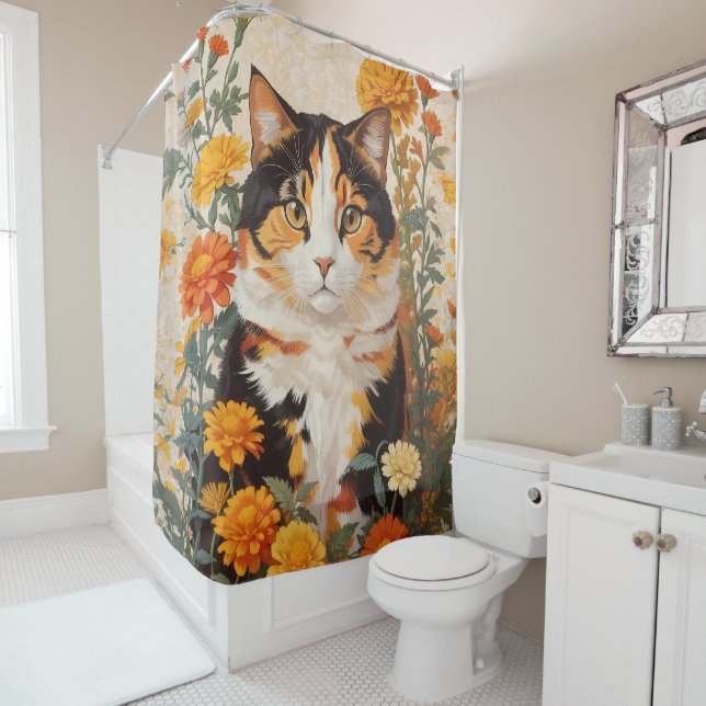 Rideaux De Douche Belle Chat Calico Avec Fleurs Marigold (En situation)