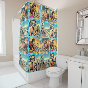 Rideaux De Douche Belle dame rétro à la plage avec Cocktail