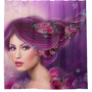 Rideaux De Douche belle fée d'imaginaire avec les fleurs pourpres