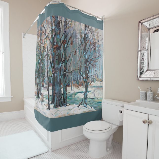 Rideaux De Douche Belle scène de neige hivernale avec des bleus et d (En situation)