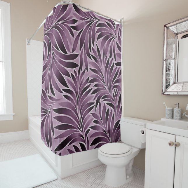 Rideaux De Douche Belles feuilles en violet aubergine (En situation)