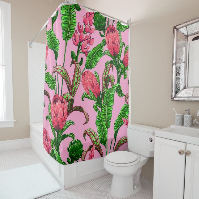 Rideaux De Douche Belles feuilles vertes tropicales avec fleurs roug (En situation)