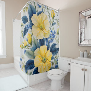 Rideaux De Douche Belles Fleurs Jaunes et Bleues