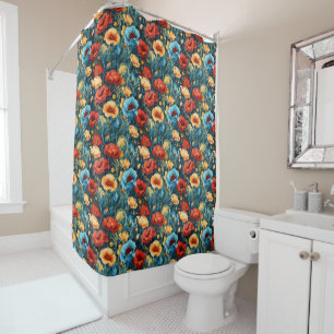 Rideaux De Douche Belles Fleurs Jaunes Rouges Bleues Impression Bota