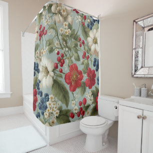 Rideaux De Douche Belles fleurs rouges blanches et bleues, baies rou