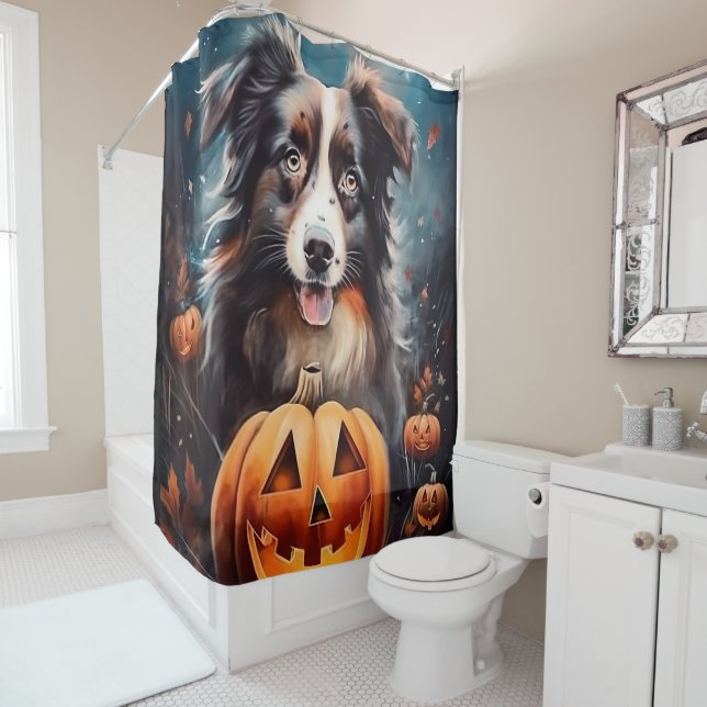 Rideaux De Douche Bergers australiens d'Halloween avec citrouilles e (En situation)