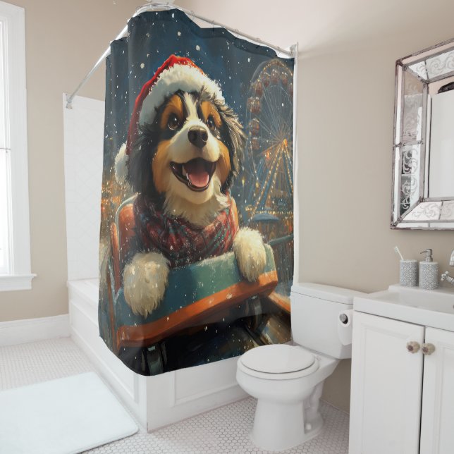 Rideaux De Douche Bernedoodle Chien Montagnes Russes Noël  (En situation)