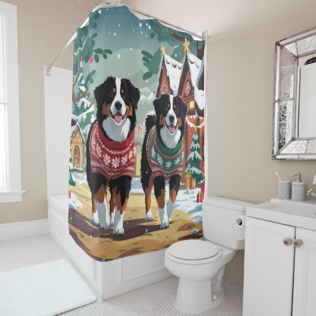 Rideaux De Douche Bernese Mountain Dogs Christmas Snow Holiday (En situation)