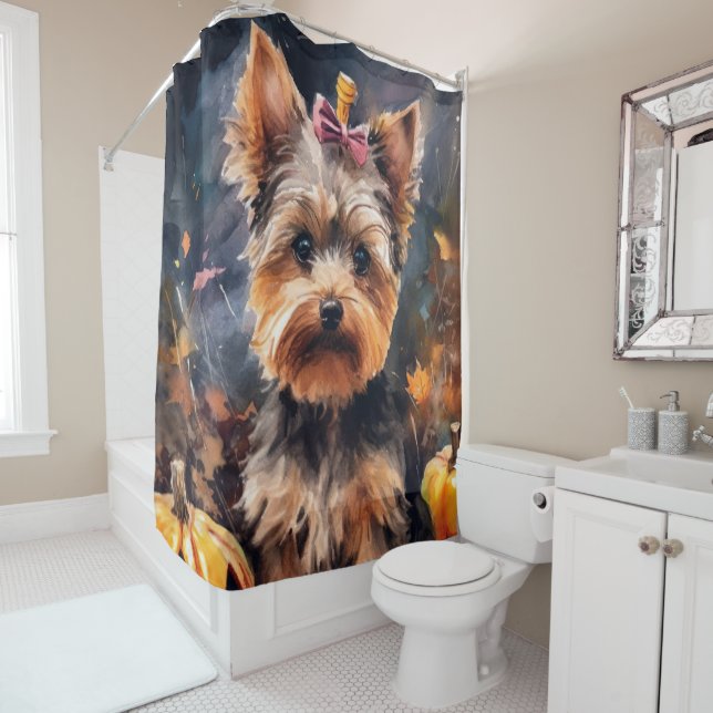 Rideaux De Douche Biewer Terrier Halloween avec citrouilles effrayan (En situation)