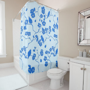 Rideaux De Douche Birds on Cherry Blossoms Blue on Blue