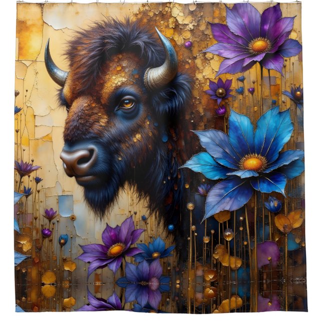 Rideaux De Douche Bison américain dans un portrait de fleur texturée (Devant)