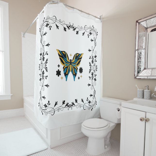 Rideaux De Douche Black and Blue Butterfly Floral Art (En situation)