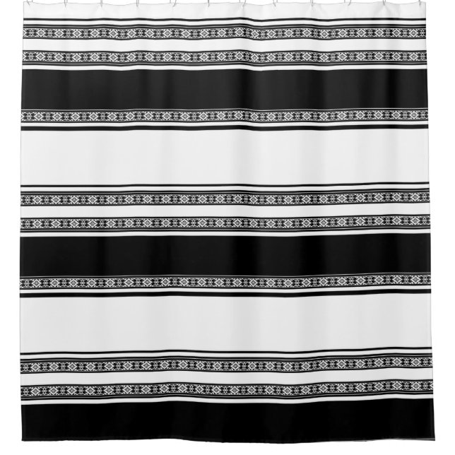 Rideaux De Douche Black and white lace braid and horizontal stripes  (Devant)