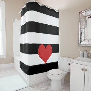 Rideaux De Douche Black and White Stripes avec Red Heart