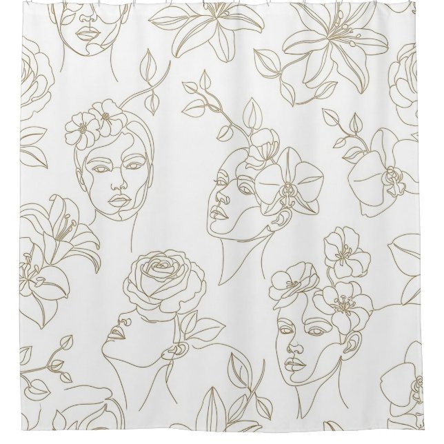 Rideaux De Douche Black and White Vintage Floral Face Line Pattern 2 (Devant)