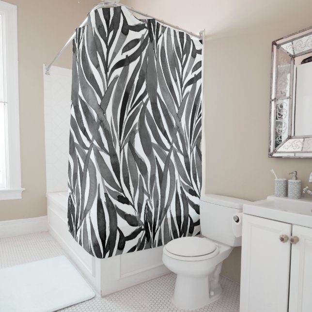 Rideaux De Douche black and white watercolor leaves pattern (En situation)
