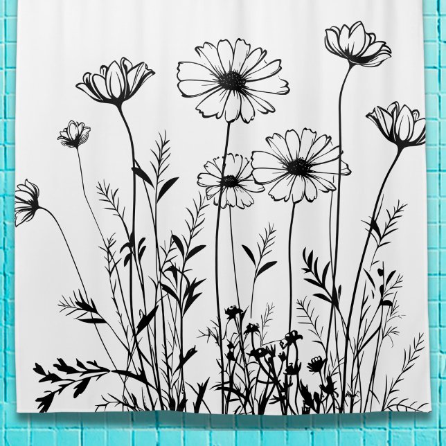 Rideaux De Douche Black And White Wildflowers Line Art Floral (Créateur téléchargé)