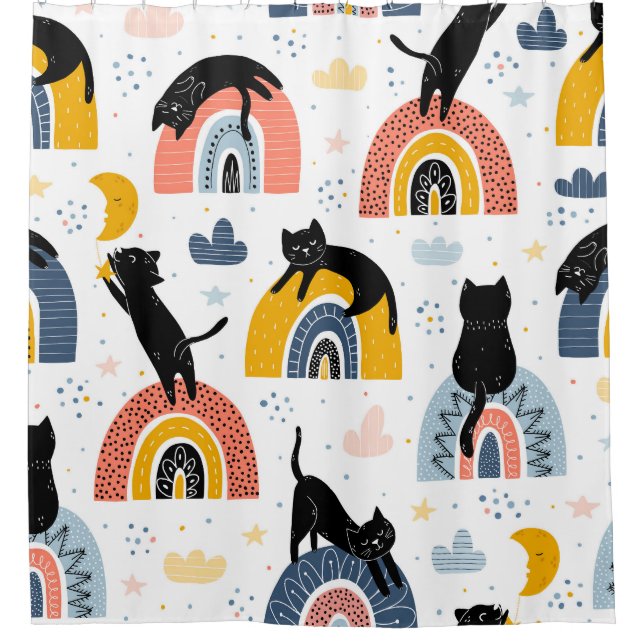 Rideaux De Douche Black Cats Rainbows Motif Imaginaire (Devant)