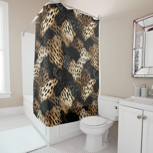 Rideaux De Douche Black Gold Cream Leopard Animal Print   (En situation)