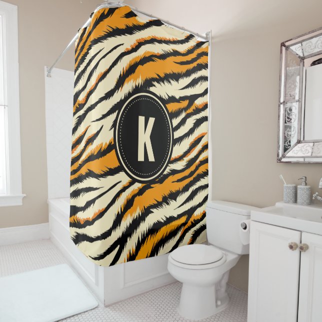 Rideaux De Douche Black Orange Tiger Stripes Pattern Monogram (En situation)