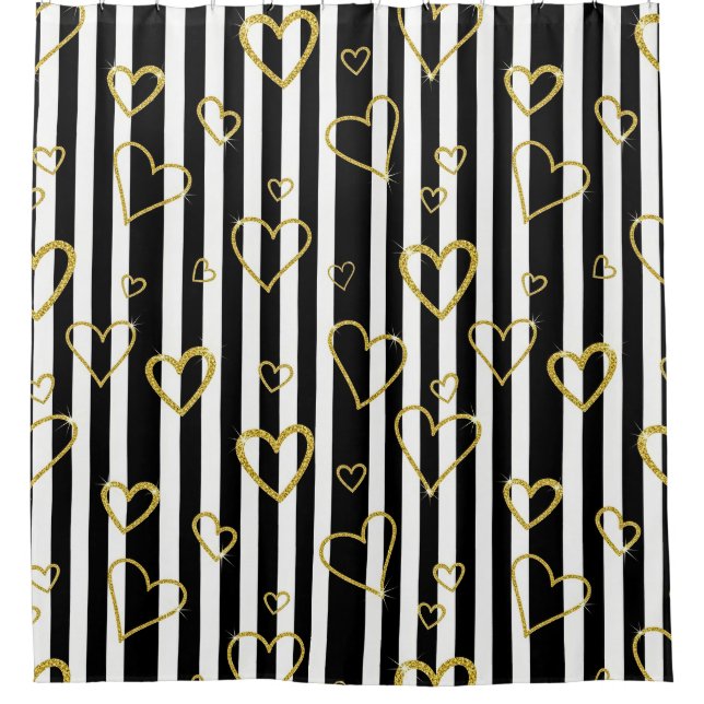 Rideaux De Douche Black Stripe Gold Heart Glam Pattern (6) (Devant)