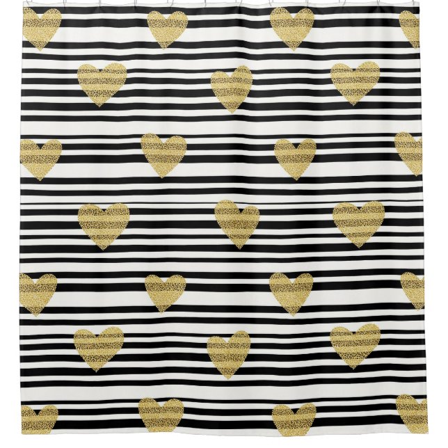 Rideaux De Douche Black Stripe Gold Heart Glam Pattern (8) (Devant)