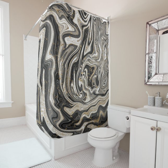 Rideaux De Douche Black White & Gold Chic Swirl Moderne Abstrait (En situation)