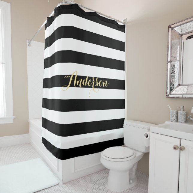Rideaux De Douche Black White Stripes Gold Nom de famille Bath (En situation)
