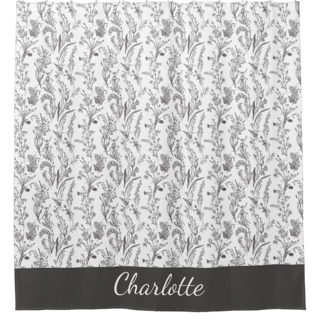 Rideaux De Douche Black White Toile Floral Custom Name (Devant)