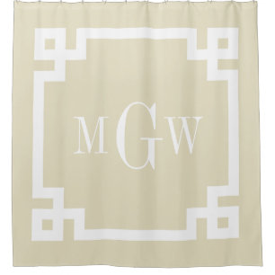 Rideaux De Douche Blanc Beige Greek Key #2 Cadre Monogramme 3I