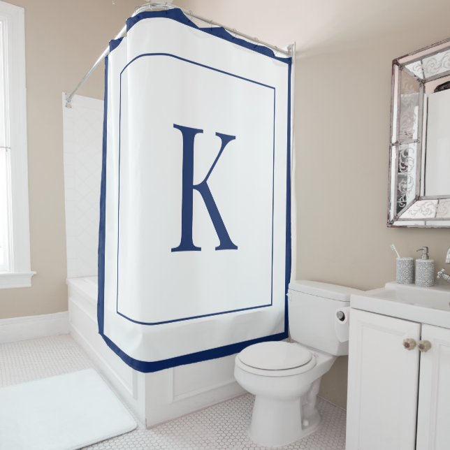 Rideaux De Douche Blanc & bleu marine Monogramme initial (En situation)
