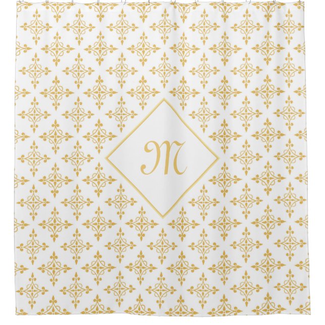 Rideaux De Douche Blanc de luxe et or Quatre de monogramme floral (Devant)