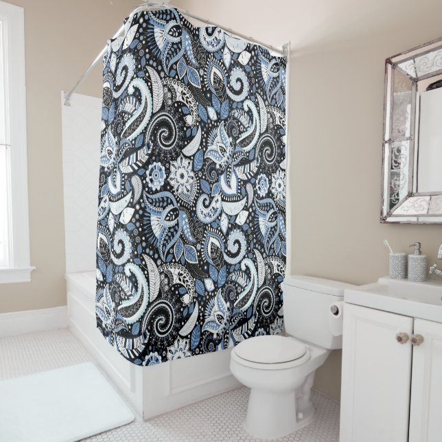 Rideaux De Douche Blanc et bleu motif à pèlerines (En situation)