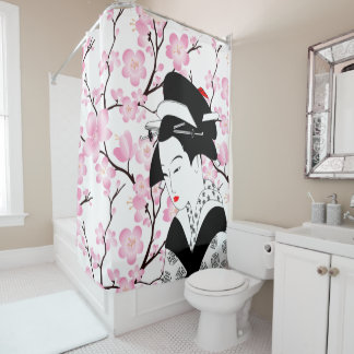 Rideaux De Douche blanc japonais 3 de noir de rose de geisha de