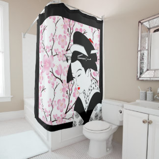 Rideaux De Douche blanc japonais de noir de rose de geisha de fleurs