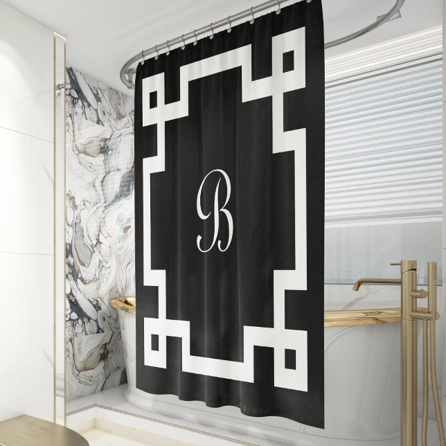 Rideaux De Douche Blanc Monogramme Bordure Clé Grecque Noir Prépa (Créateur téléchargé)
