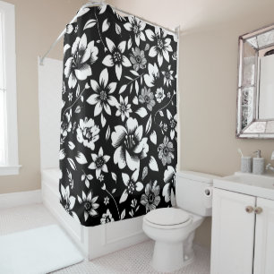 Rideaux De Douche Blanc noir Feuilles floraux modernes soufflant