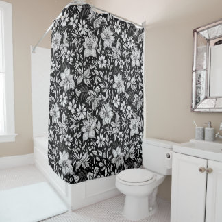 Rideaux De Douche Blanc Noir Moderne Vintage Botanique Floral