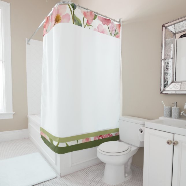 Rideaux De Douche Blanc rose et vert (En situation)