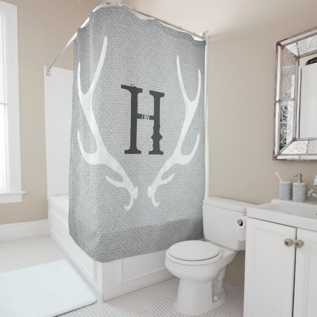 Rideaux De Douche Blanc Rustique & Gris Bois de Cerf Toile de Jute C (En situation)