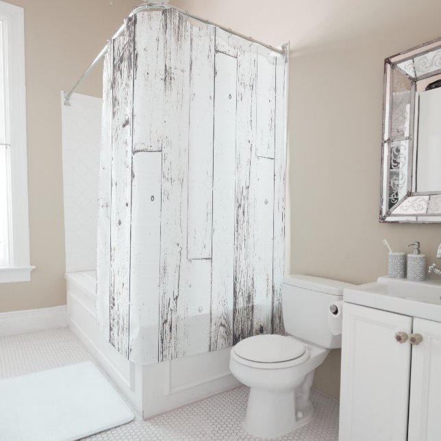 Rideaux De Douche Blanc Shabby Chic Bois Grange Rustique Ferme (En situation)