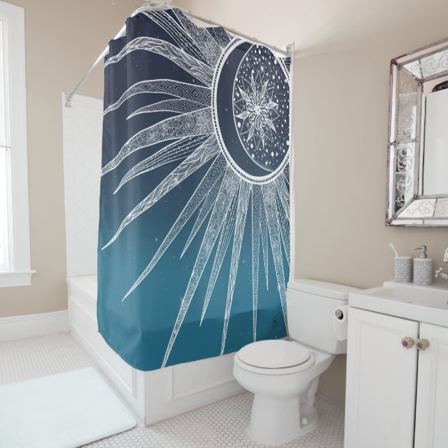 Rideaux De Douche Blanc Sun Moon Mandala Blue Gradient Design (En situation)
