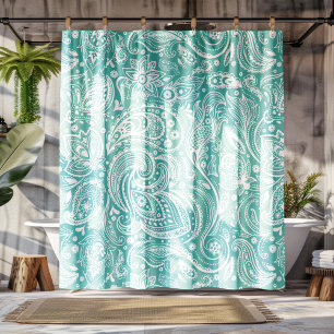 Rideaux De Douche Blanc & Turquoise Floral Paisley Motif dentelle