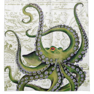 Rideaux De Douche Blanc vintage de carte de poulpe vert