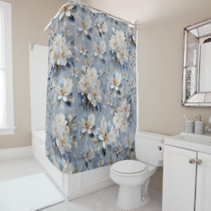Rideaux De Douche Blancs et bleu clair Fleurs soies répétées