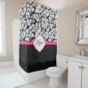 Rideaux De Douche Blancs et noirs Damas Pink Stripe 2