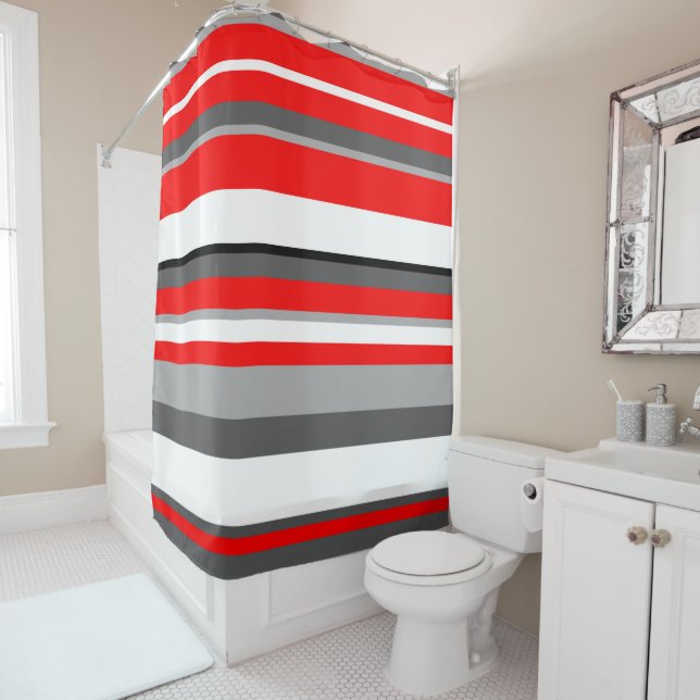 Rideaux De Douche Blancs rouges et gris (En situation)