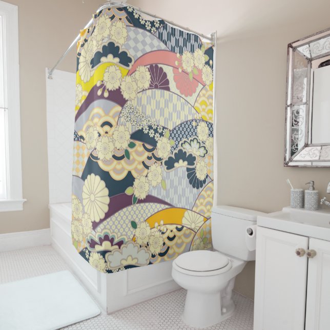 Rideaux De Douche Bleu antique Blanc japonais Kimono fleurs florales (En situation)