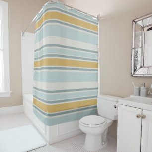 Rideaux De Douche Bleu apaisé et moutarde Moderne Rayure Salle de ba