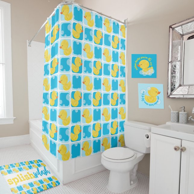 Rideaux De Douche Bleu Aquarelle Canard en caoutchouc À damiers (Blue Watercolor Rubber Duck Checkered Shower Curtain)